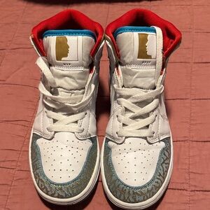 Jordan White and Gold Sneakers with Red and Blue Accents